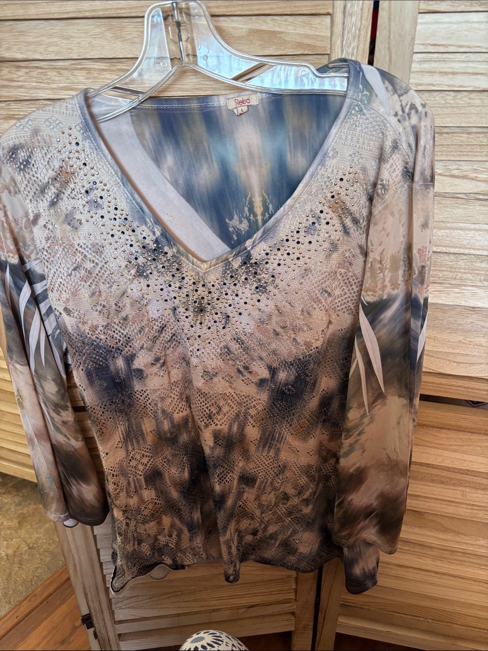 Reba Neutral Tie-Dye V-Neck Long Sleeve Top with Stud Accents Large